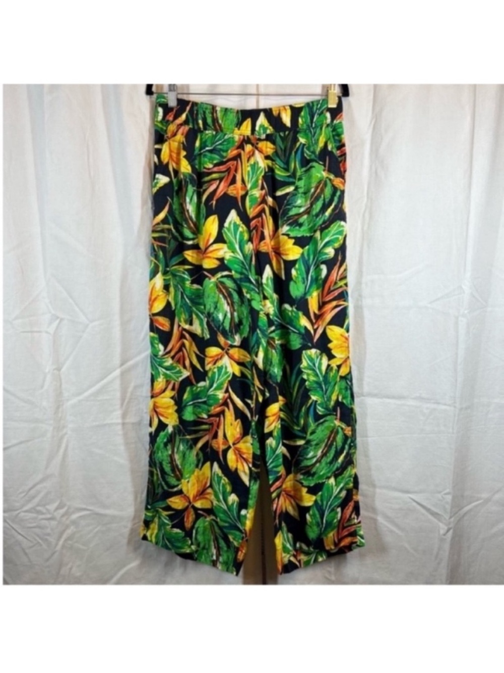 Nicole miller 100% linen floral tropical wide leg high rise pants multicolor